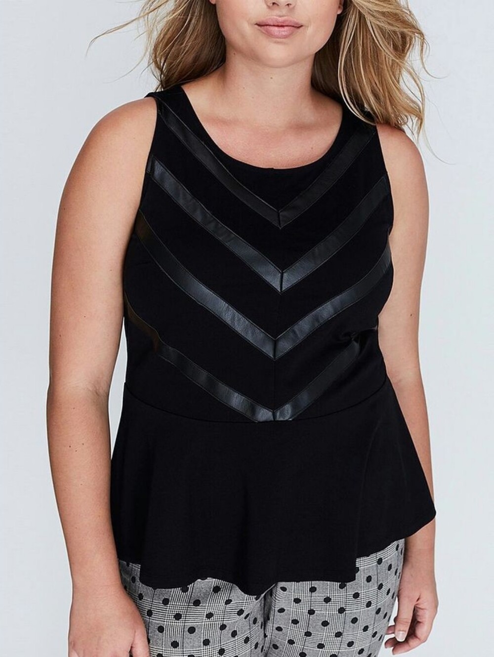 Lane Bryant Size 14/16 Black Peplum Top Faux Leather Chevron Trim Exposed Zip